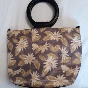 Bueno Brown Floral Handbag With Sequins in Flower Centers Round Wooden Handles